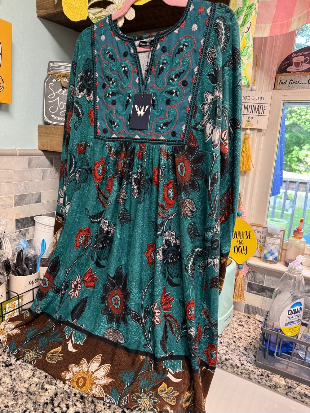White Mark Teal and Red Floral Dress
